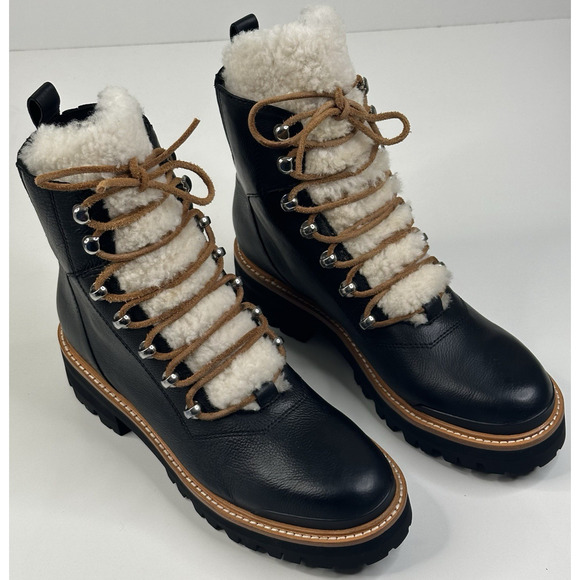 MARC FISHER Lizzie Black Leather Lace Up Ankle Boots Womens 8.5M Sheep Fur New - Picture 1 of 13
